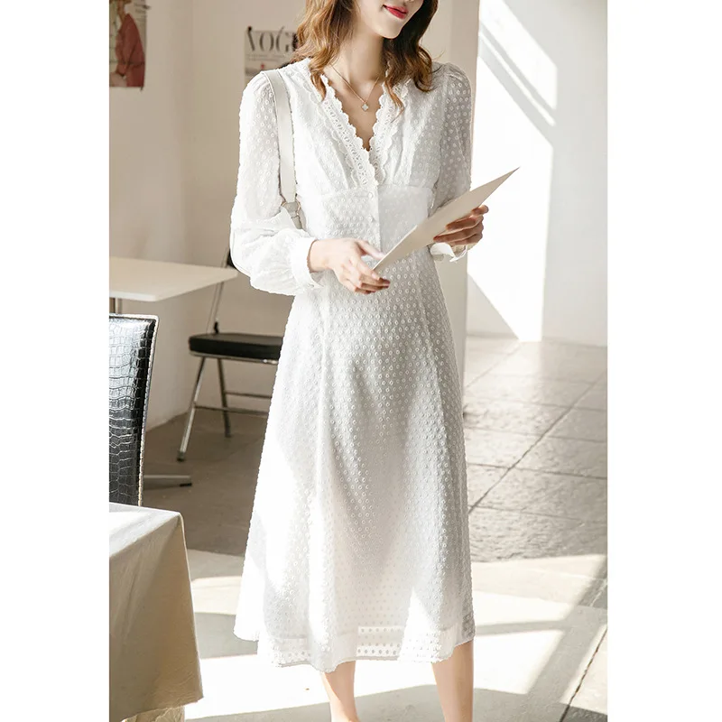 

JCHB 2021 Fashion White Dresses for Women Elegant Korean Dress Woman Long Sleeve Dress V-neck Spring Autumn Vestido De Mujer Pp