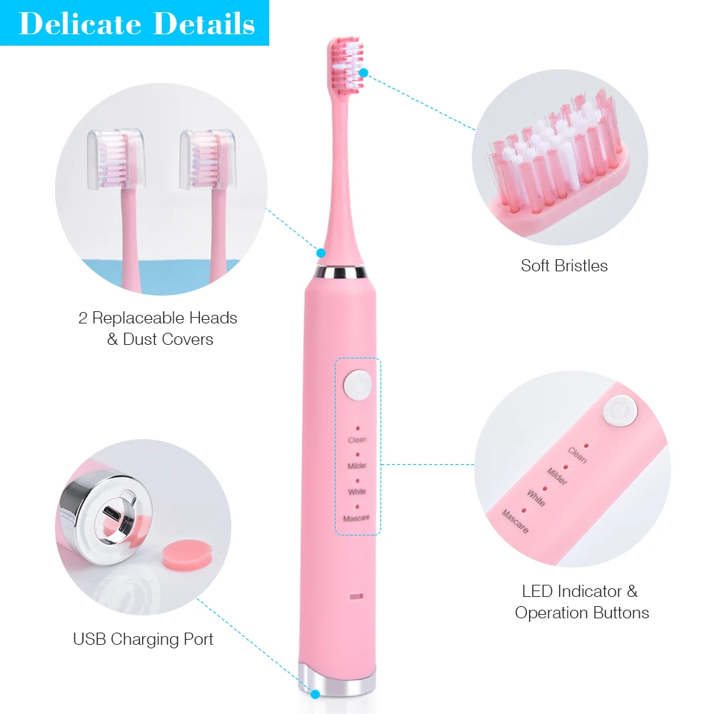 Мощная Электрическая зубная щетка Sonic Wave USB перезаряжаемая моющаяся отбеливающая