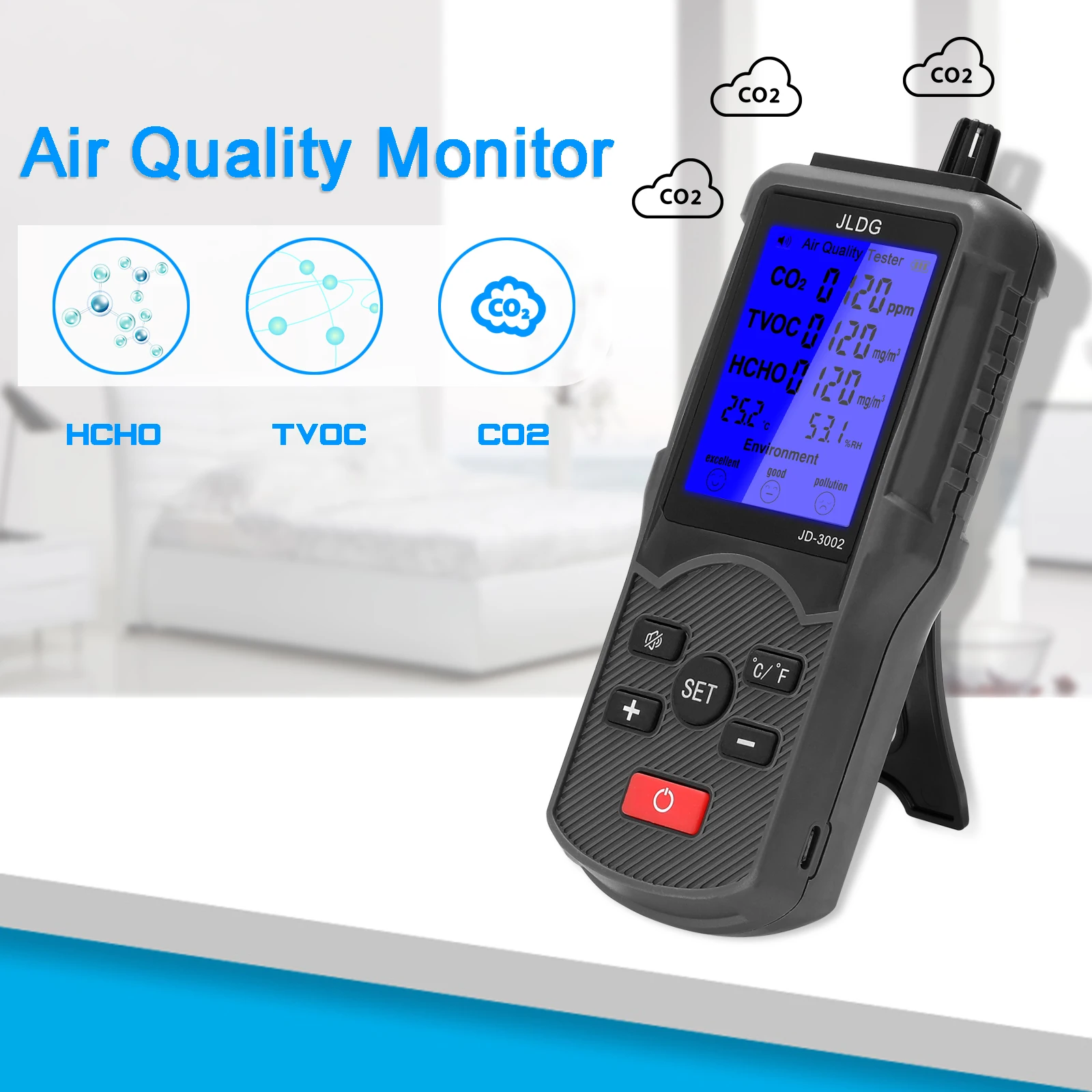 

Multifunctional Air Quality Tester CO2 TVOC Meter Temperature Humidity Measuring Device Carbon Dioxide Monitor WIth LCD Screen
