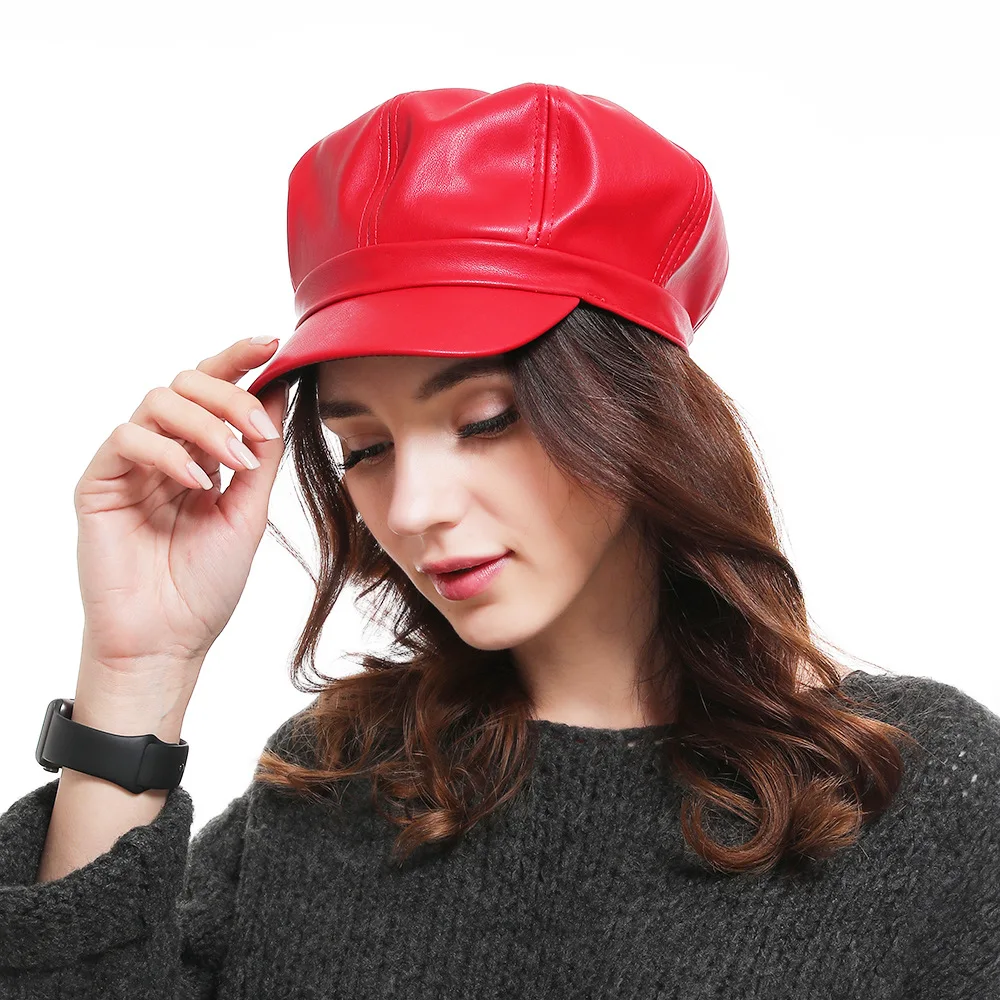 ZLD Hot 2019 Solid Color PU Leather Octagonal Cap Ladies British Retro Casual Fashion Painter Outdoor hip hop cap lot | Аксессуары для