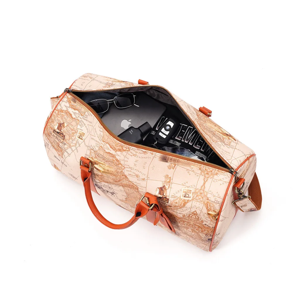 

Beautiful Personality Map Design Leather Women's Travel Bag Vintage Gym Bags