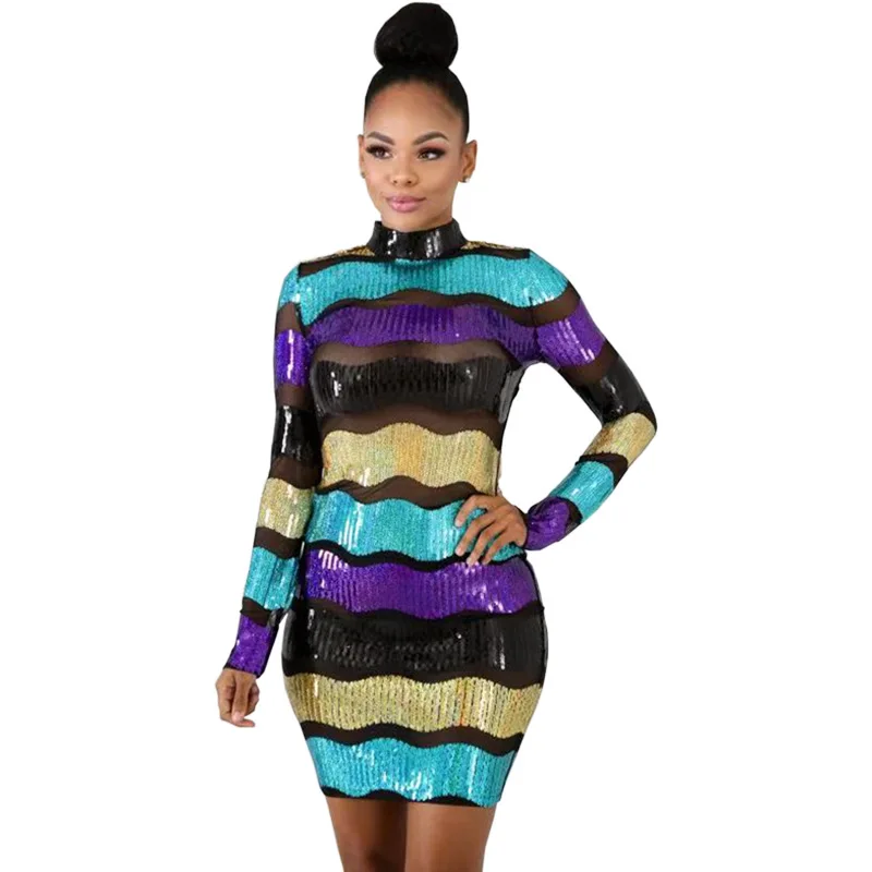 Adogirl/разноцветное платье в полоску с блестками и прозрачной сеткой облегающее