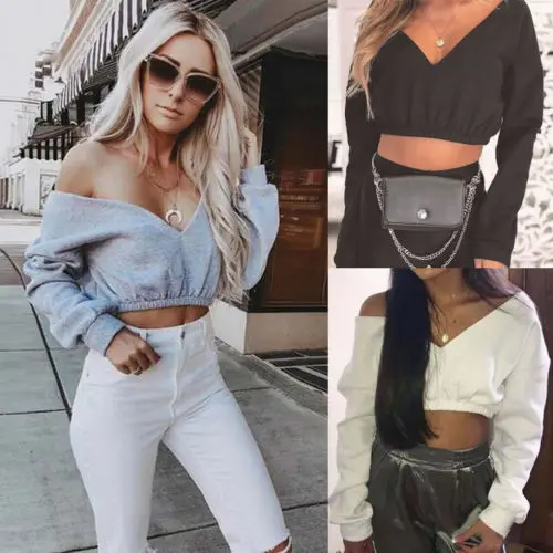 Hot Fashion Sexy Women Autumn Crop Hoodies Long Sleeve Casual Female Cotton Sweatshirts Deep V-Neck Off Shoulder Street Wear