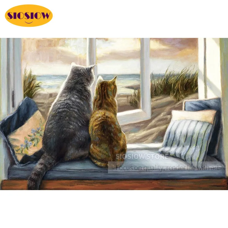 

5d Diy Cat Diamond Embroidery Cross Stitch Pictures Mosaic Diamond Painting Cats And Kittens Scenery With Window Home Decoration