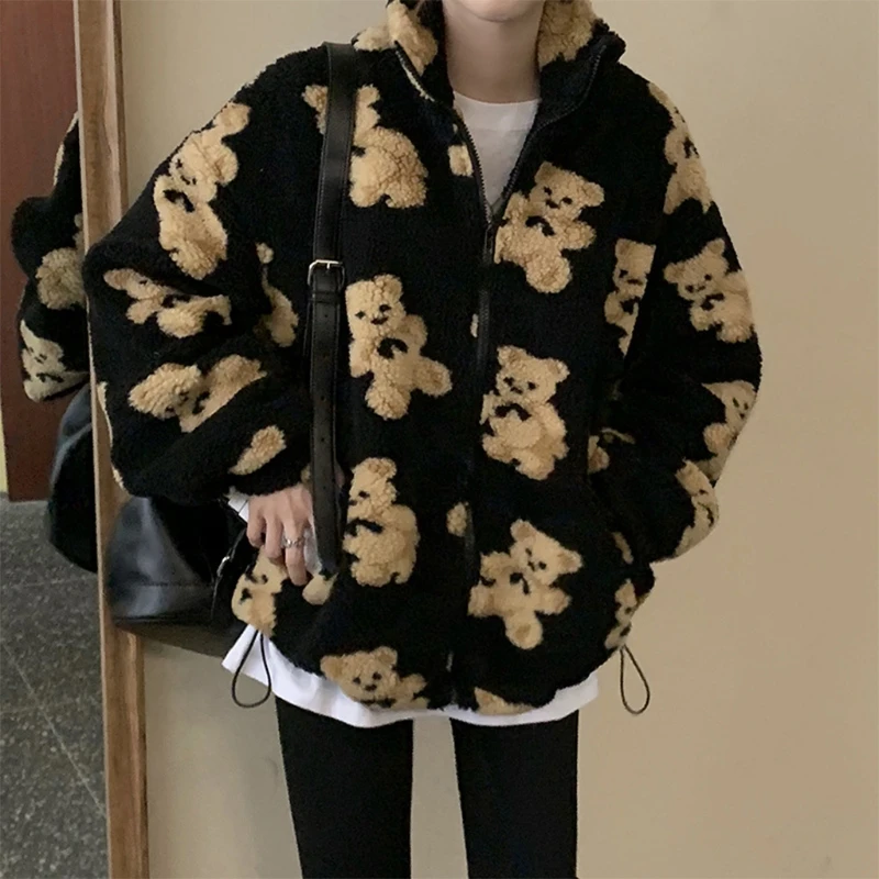 

201 new Women Winter Warm Faux Fur Jacket Cartoon Bear Graphic Printed Long Sleeve Zipper Coat Fuzzy Oversized Loose Outwear