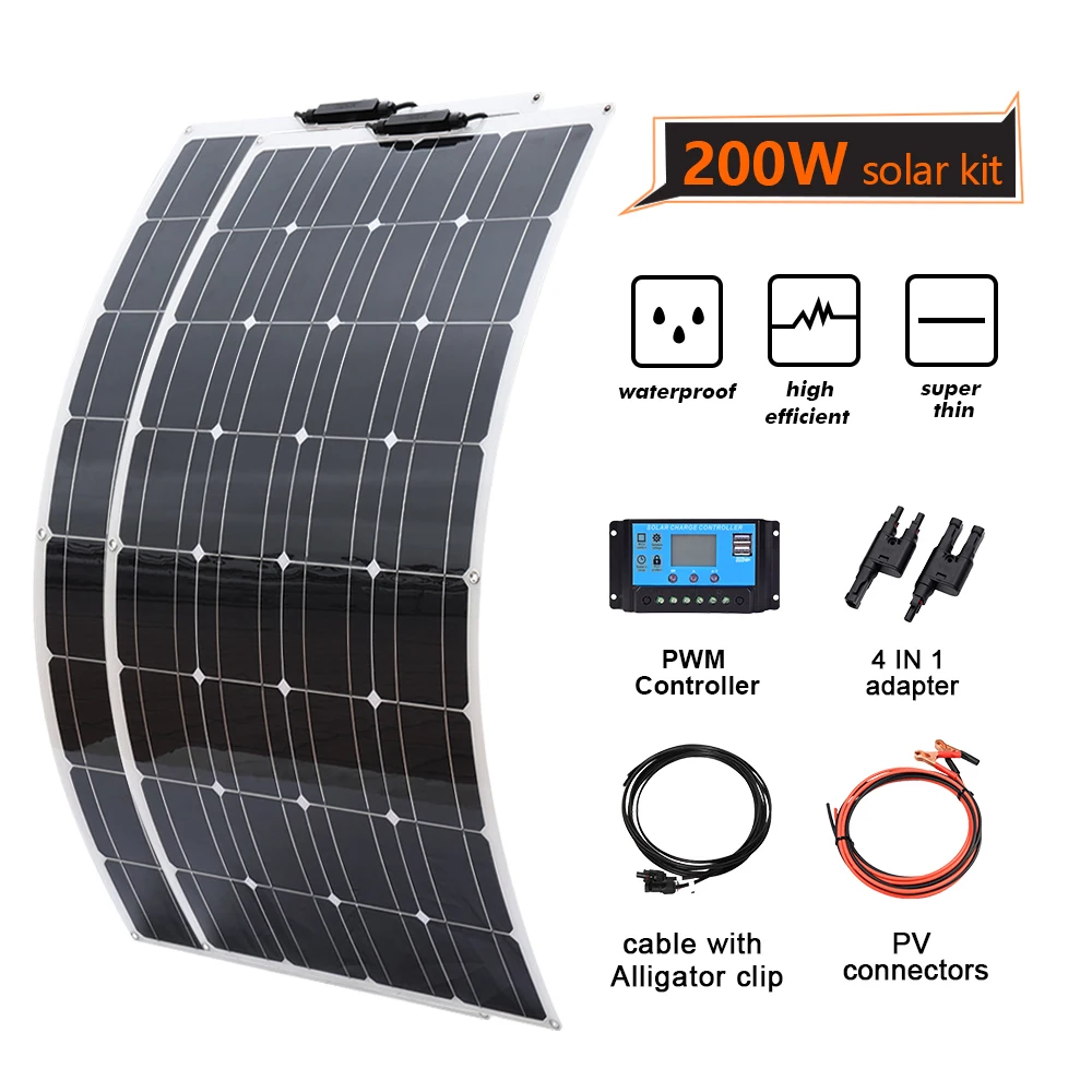 200W небольшая солнечная система 12V 24v гибкие зарядки аккумуляторной батареи