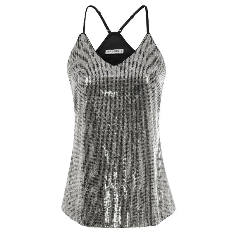 Silver White GK S~ 2XL пикантные Короткие топы для женщин, летняя Клубная одежда, вечерние, роскошные элегантные черные/Золотые бретельки с v-образным вырезом и блестками - Цвет: Silver White