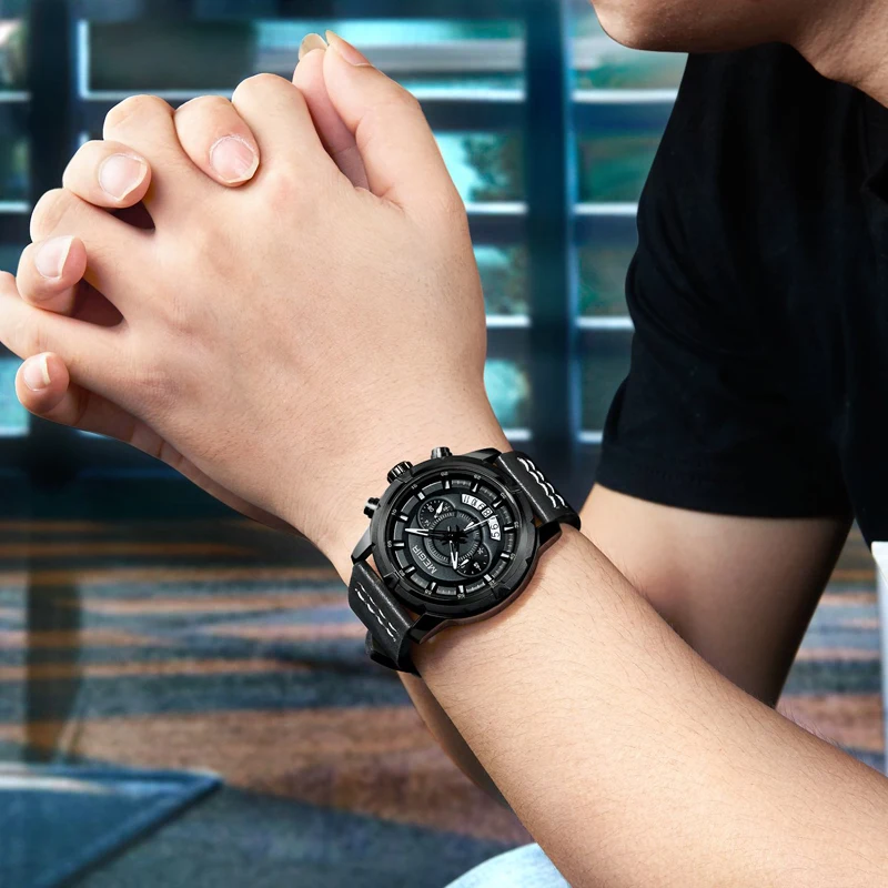 

MEGIR Men Watches Brand Luxury Leather Strap Waterproof Sport Quartz Chronograph Military Watch Men Clock Relogio Masculino 2019