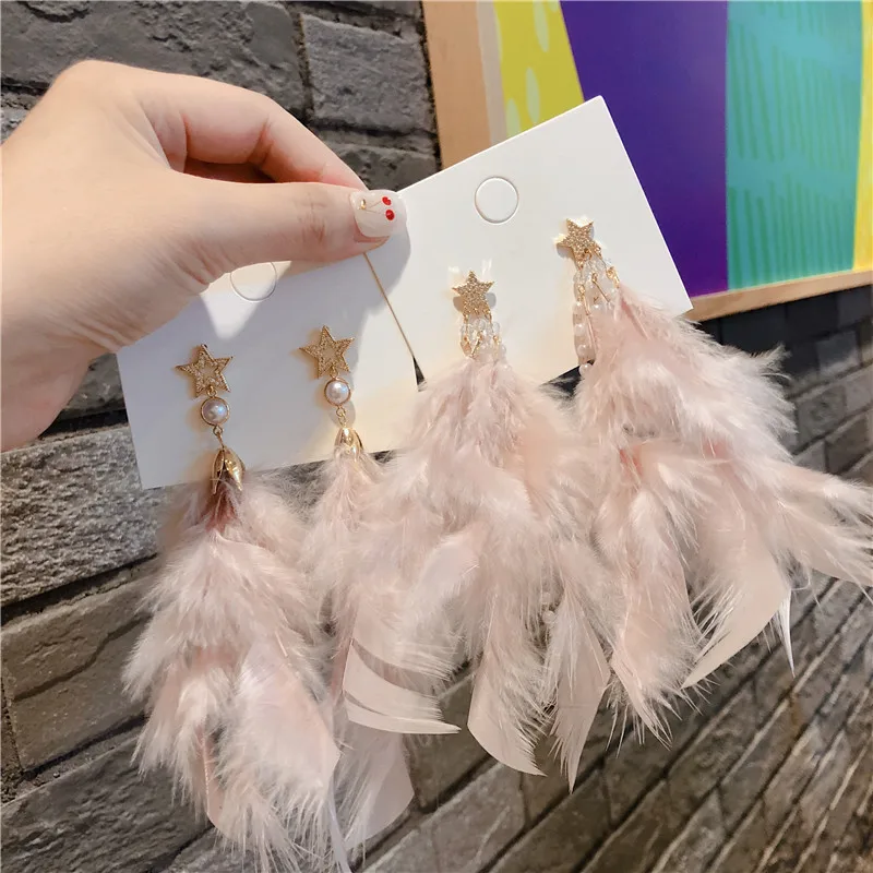 Winter New Woman Drop Earrings Big Pink Feather Cute Star Long Dangle Earrings Fashion Accessories Trendy Jewelry
