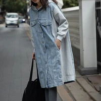 single breasted loose coat casual patchwork denim sweatshirt long jacket women with hood vintage korean chic outwear new