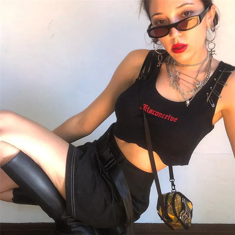 

Black Tank Tops 2021 Women Sling Top Summer Street Sexy U-Neck Letter Printing Pure Show Belly Button Female Casual Fashion New