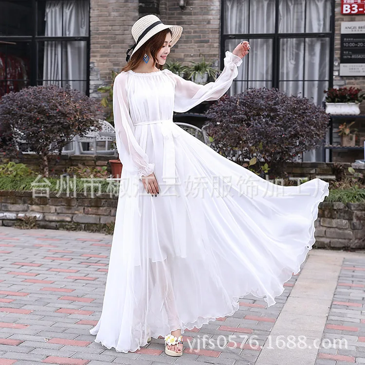 

Chiffon dress long sleeve women's 2021 spring dress new slim and dignified long skirt seaside holiday beach skirt