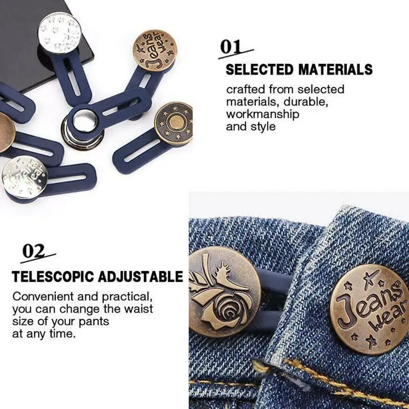 

5PCS/LOT Free Sewing Buttons Adjustable Disassembly Retractable Jeans Waist Button Metal Extended Buckle Pant Waistband Expander
