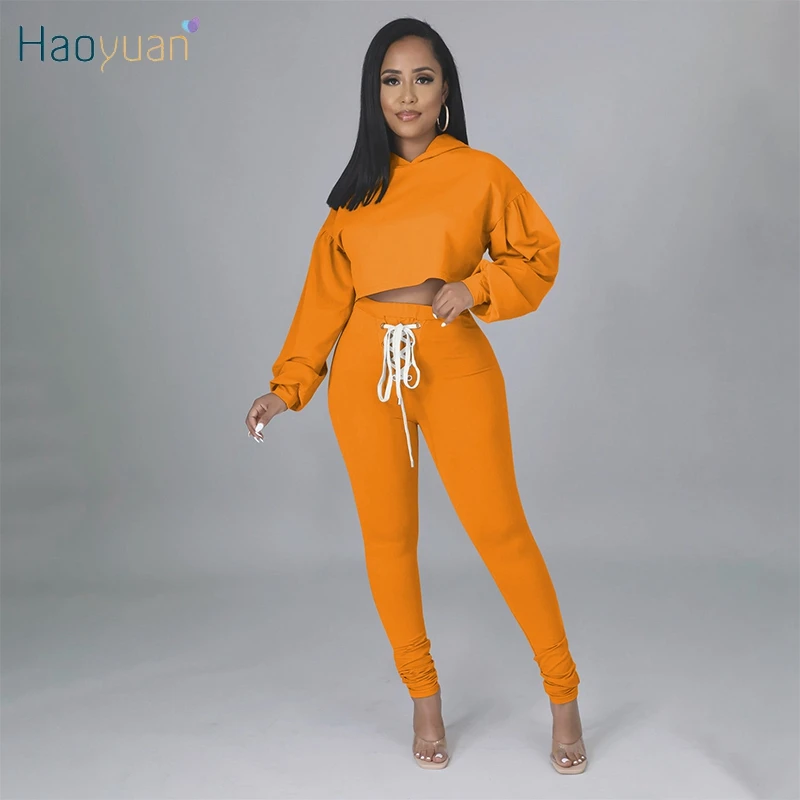 

Сексуальный комплект из двух предметов HAOYUAN, укороченные толстовки с длинным рукавом, бандажные брюки-карандаш, женская одежда Y2k, Клубная о...