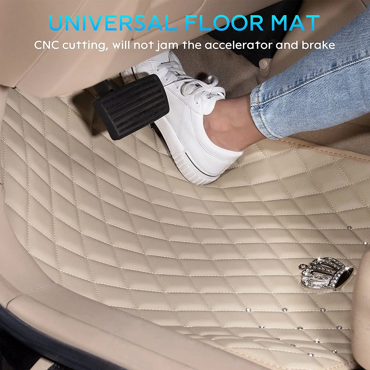 Beige Pu Leather Floor Mats for Car SUV & Truck 5 Pack/Set (Front Rear) Duty Protection Automotive Cushion Crown Diamond Decor |