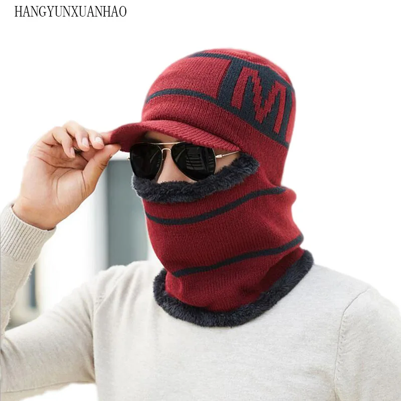 Men Winter letter Plain Woolen Acrylic Plus Plush Thick Knitted Sports ski Warm Hats Women Warming Clothes Scarf Siamese Hat | Аксессуары