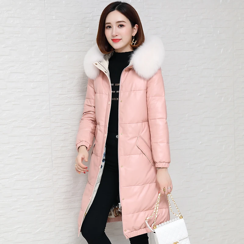 Куртка из натуральной кожи воротник лисьего меха 100% овчина пуховик женский