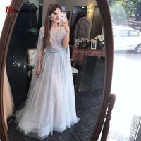 elegant evening night dresses for women 2021 long sleeves o neck a line luxury crystal handmade formal wedding party gowns