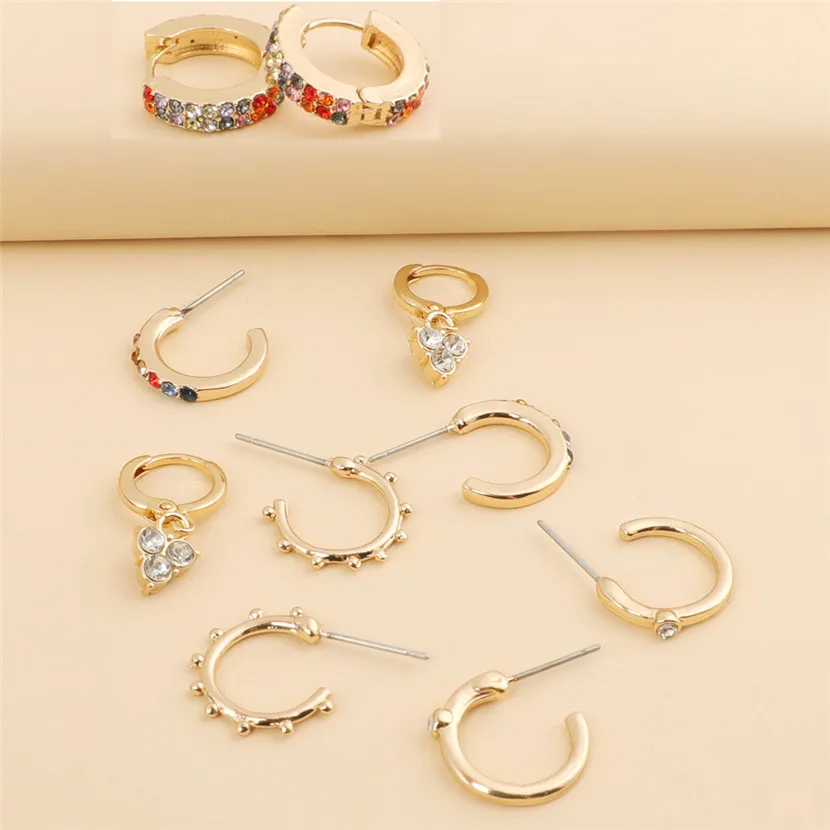 

Set Of Earrings Woman Ear Cuffs Korean Style Rhinestones Clip-on Earring Round Gold Plated Jewelry Grunge Accessories Luxury