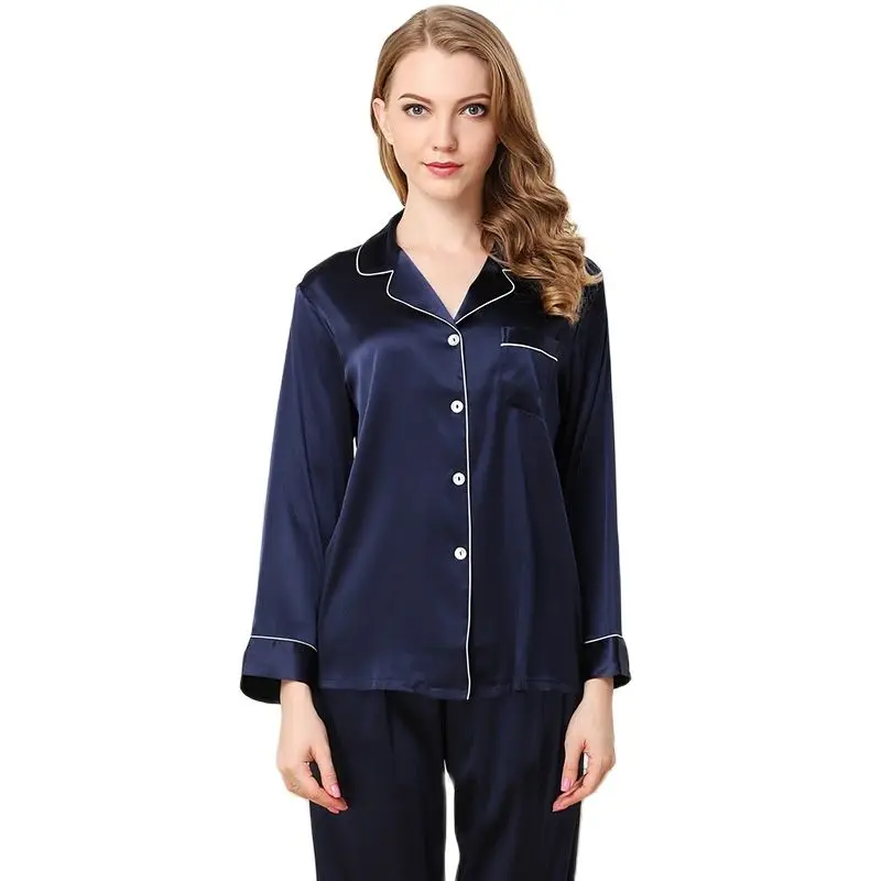 High-Grade Real Silk Women Pajamas Spring Autumn Sexy Satin Silk Long-Sleeve Pajama Pants Sets Comfortable Soft Lounge Set T8130