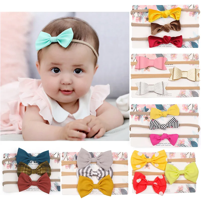 

3PCS Solid Color Big Bow Traceless Headband Baby Accessories Elastic Baby Girls Headbands Plaid Print Headwear Infants Headbands