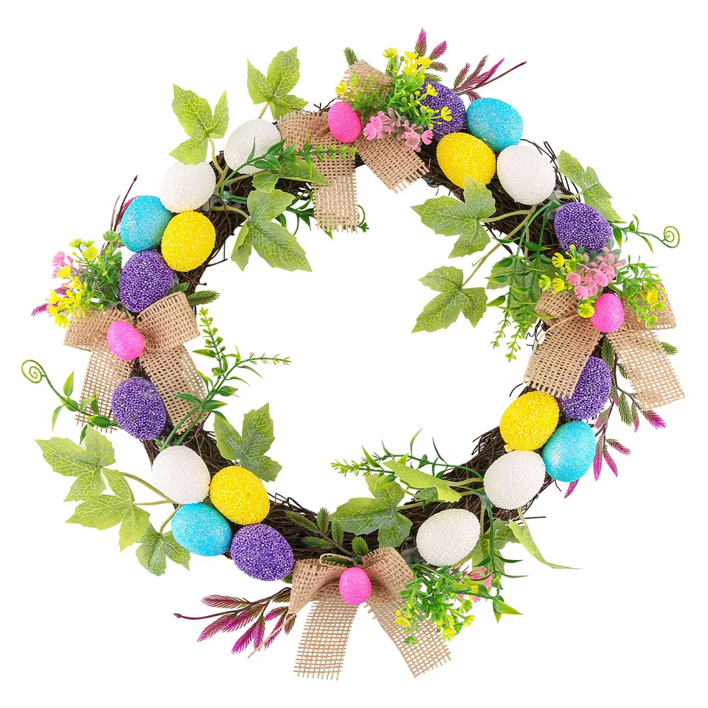 

30cm Easter Wreath Spring Flower Garland with Colored Eggs Artificial Leaves for Front Door Wall Decoration Home Party Supplies