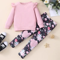 new spring fall girls outfits kids clothes 2 pcs sets soft solid flying sleeve topsflower love trousers girls clothing set 1 6y