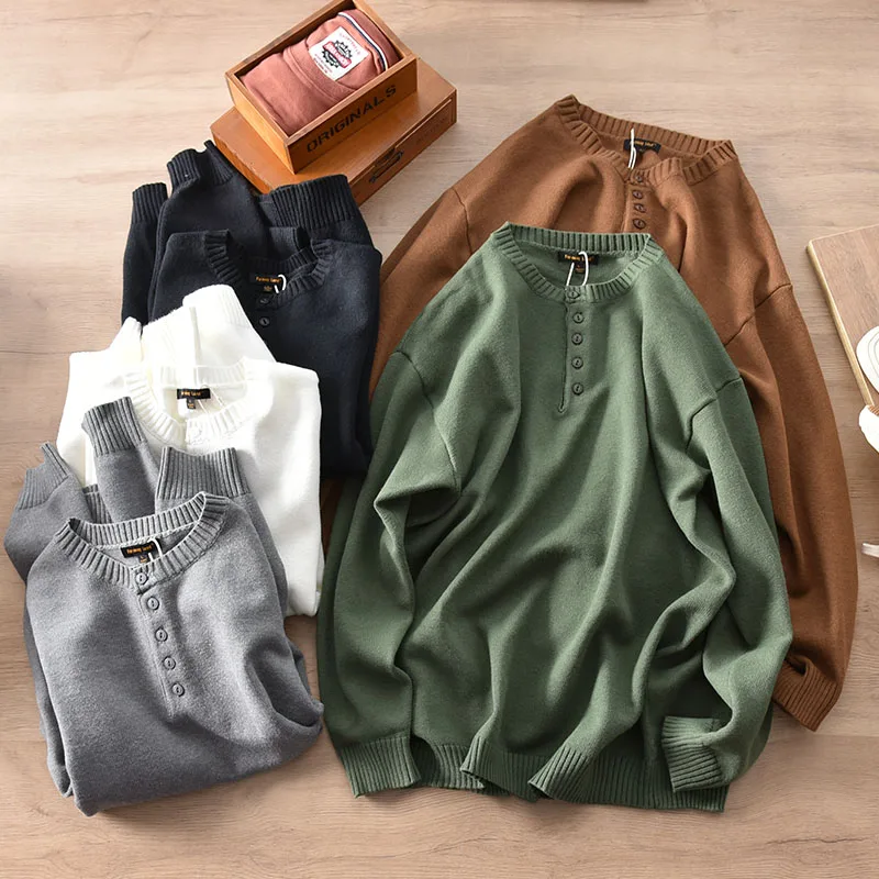 

Свитер мужской с воротником «Генри», модный однотонный Свободный пуловер в японском стиле ретро, с вареным эффектом, Повседневная вязаная одежда для пар, Осень-зима