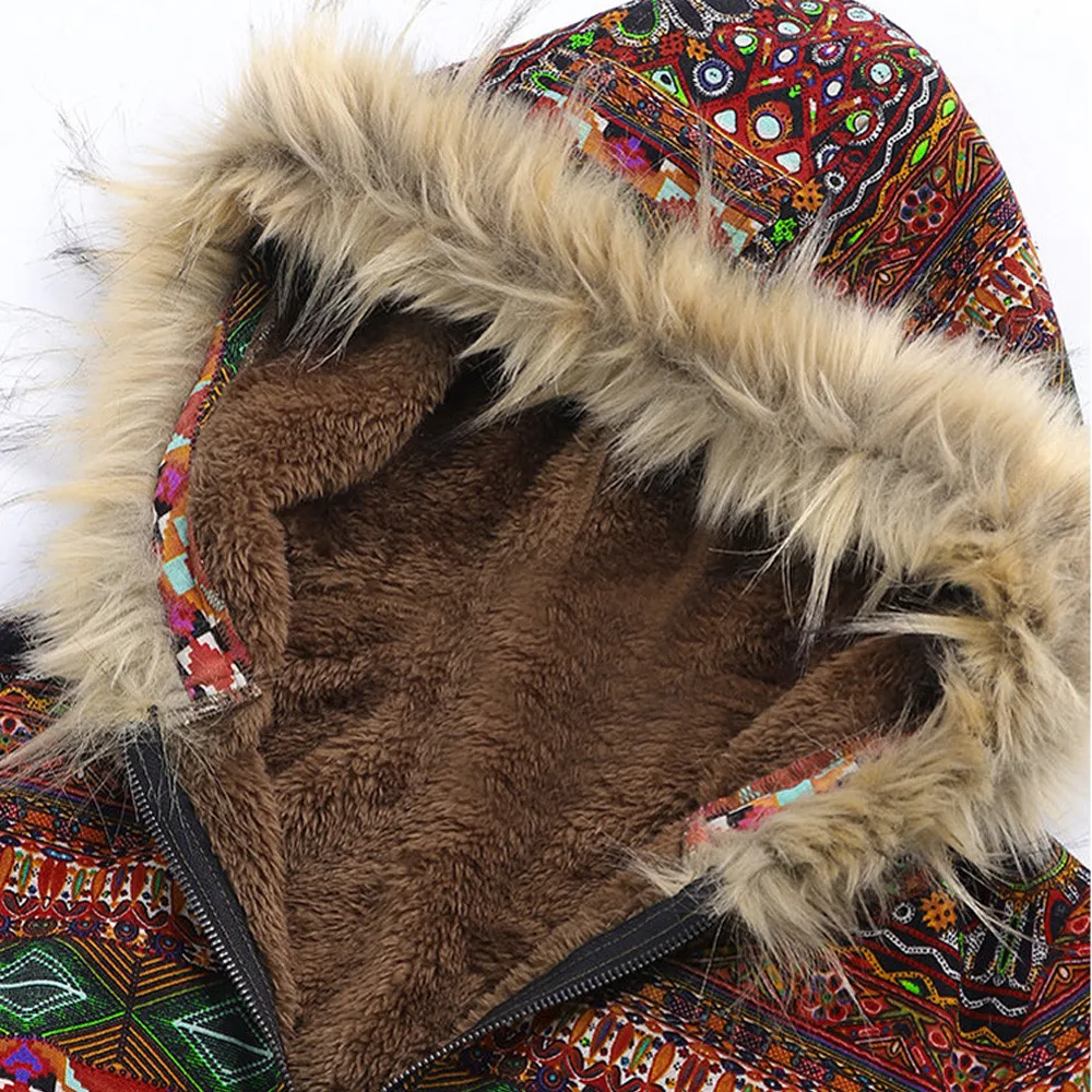 Женское теплое пальто Boho с меховым капюшоном размера плюс из плотного флиса