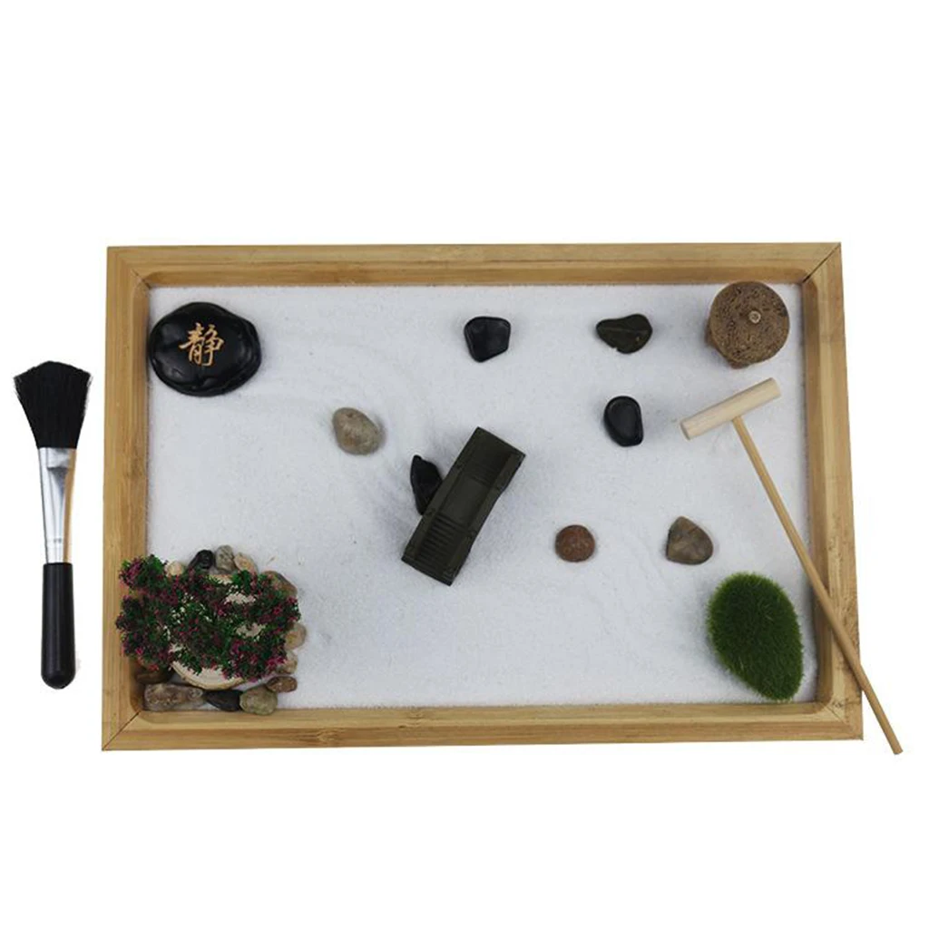

Zen Garden Kit Rake Rocks w/Bamboo Tray Desk Mini Sand Garden Sandbox Kit