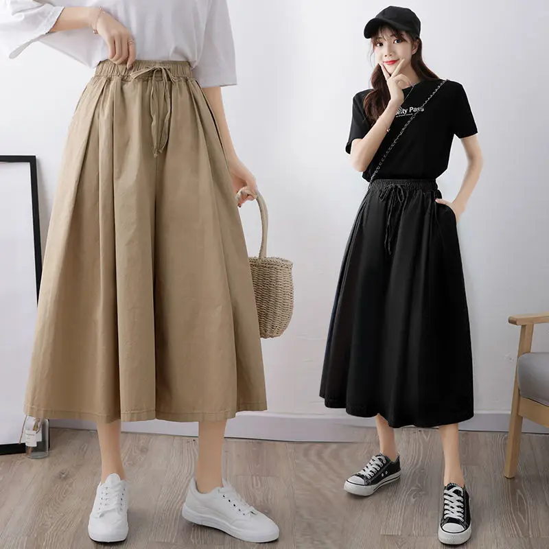 

Spring And Summer New Korean Style Loose Nine-Point High-Waisted Wide-Leg Pants Were Thin Women'S Drape Hakama Casual Skirt Pant