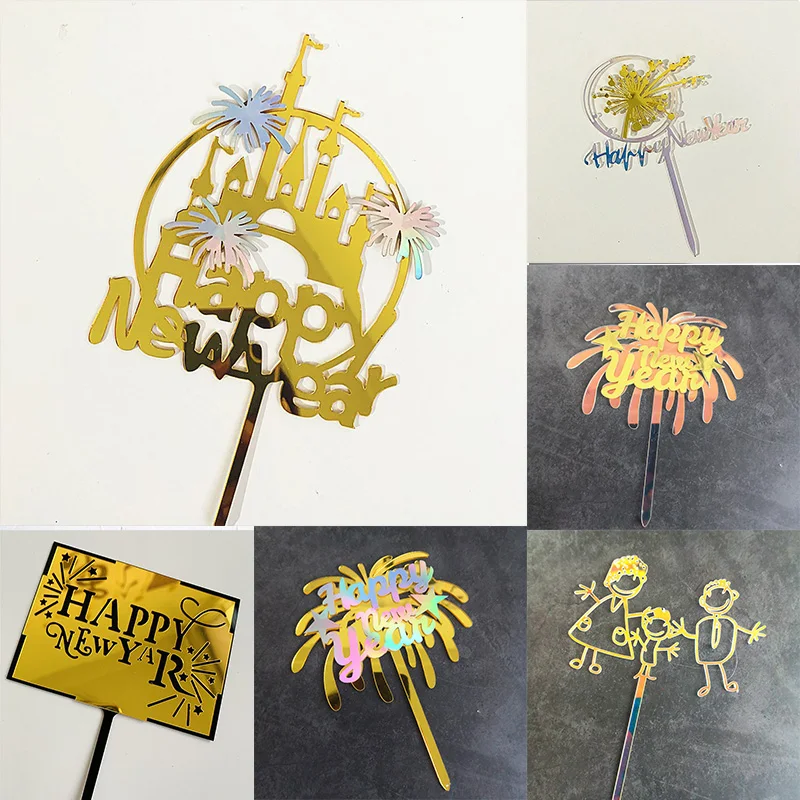 

32 Style Happy New Year Cake Topper Golden Happy Family Fireworks Baking Cake Topper Christmas New Year Cake Decoration Supplies