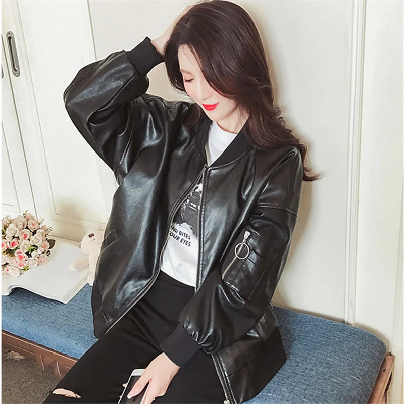 Женская куртка-бомбер Sungtin черная Свободная куртка из искусственной кожи на