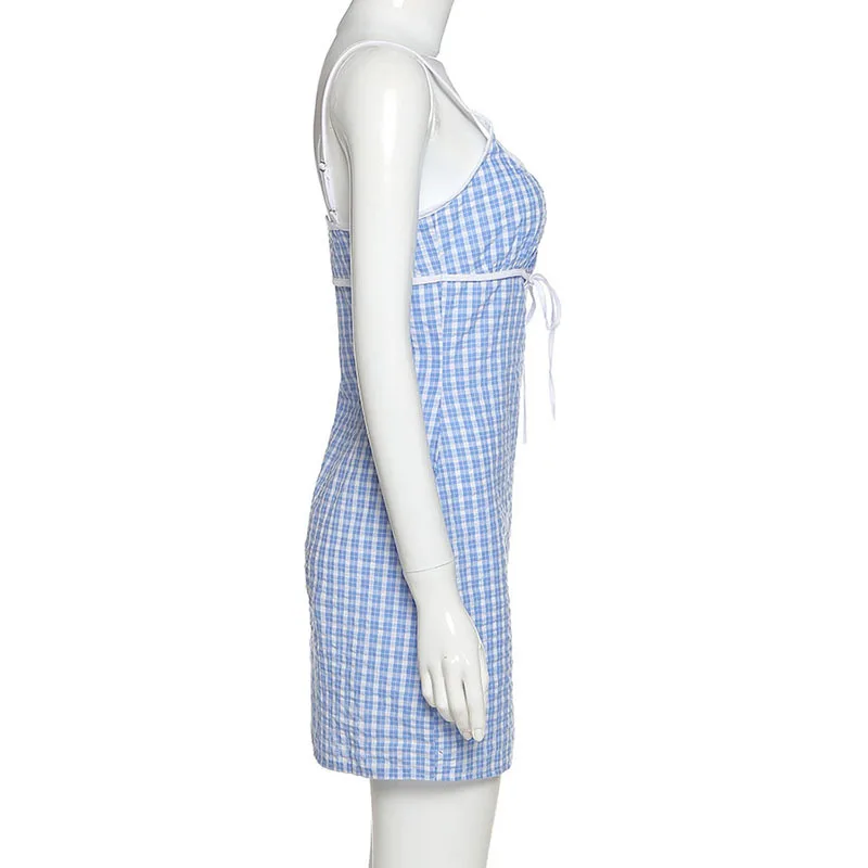 

QICIUS Kawaii Women Dress Spaghetti Strap Sexy Plaid Printed Mini Dresses 2021 Party Sexy Club Wear Bodycon Vestidos Verano