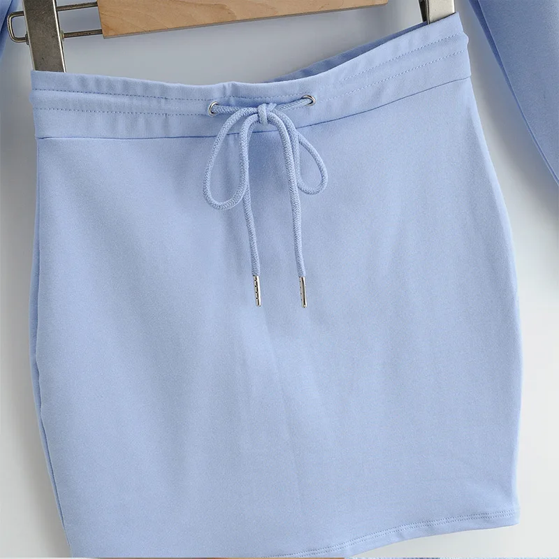 

Hooded Long Lantern Sleeve Mini Skirt Women Set Drawstring Hoodies Crop Top Lace Up Skirt Suit Summer Casual Streetwear 2 Piece