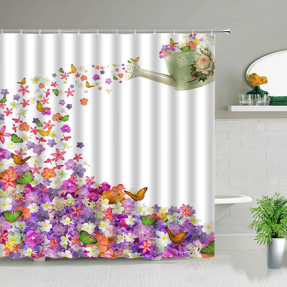 

Creativity Art Flower Butterfly Landscape Shower Curtain Plant Floral Scenery Waterproof Bathroom Decor Cloth Curtains With Hook