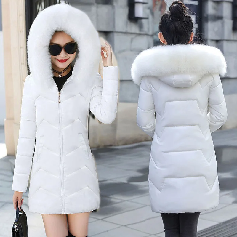 

White Women Winter Hooded Warm Coat Fur collar Detachable Cotton Padded Jacket Female Long Parka Womens Wadded Jaqueta Feminina