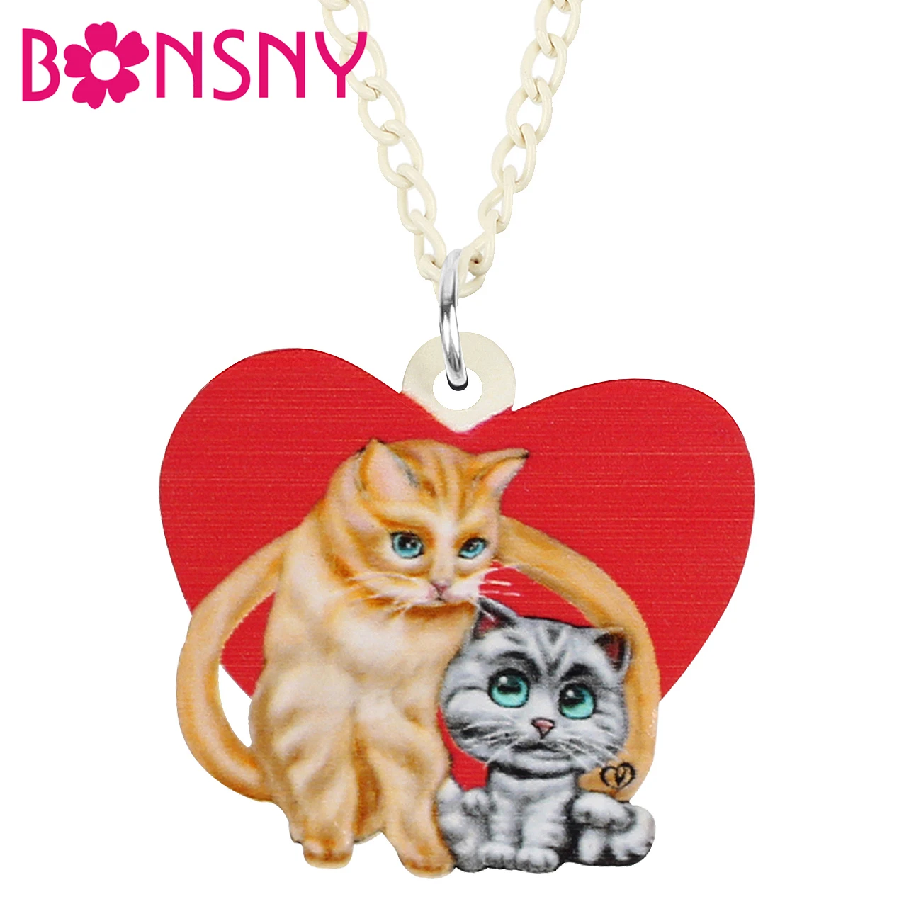 

BONSNY Mother's Day Acrylic Sweet Heart Brown Cat Kitten Necklace Pendant Long Pets Chain Jewelry Gift For Women Girls Teens