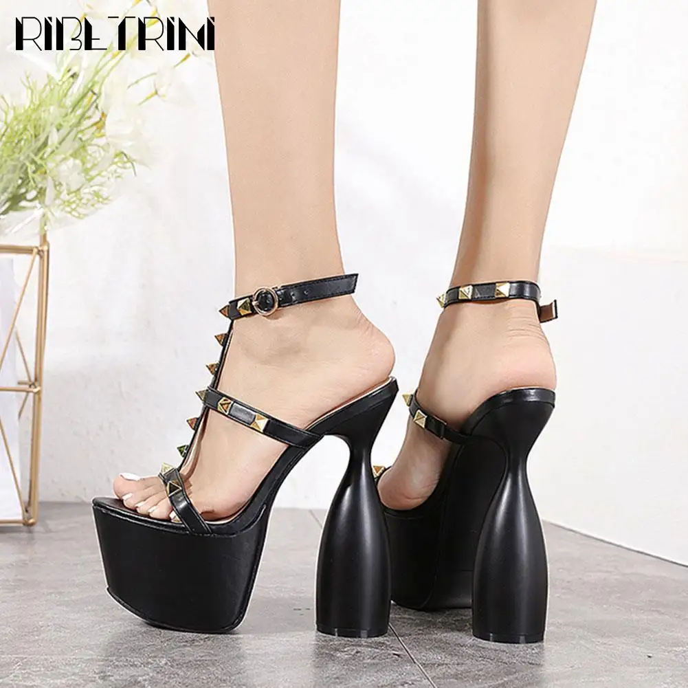 

RIBETRINI Brand Luxury Designer Peep Toe Platform High Heels Summer Women Sandals Rivet Ankle Strappy Sexy Party Fashion Shoes