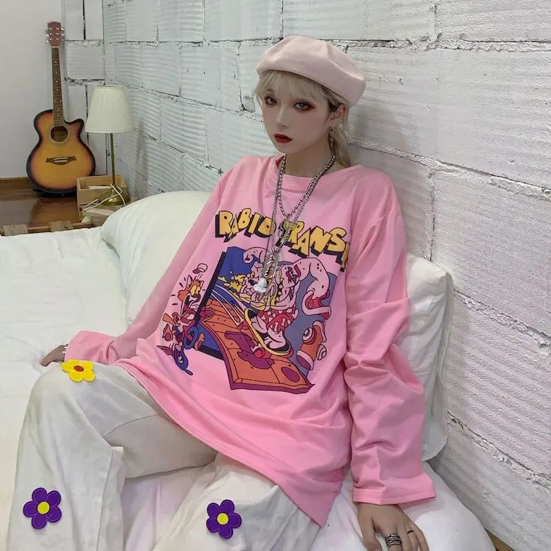 

Японский стиль Харадзюку женская футболка с цветочным принтом, с длинными рукавами на осень забавные кепки, кепки в стиле Милая футболка Bf ф...