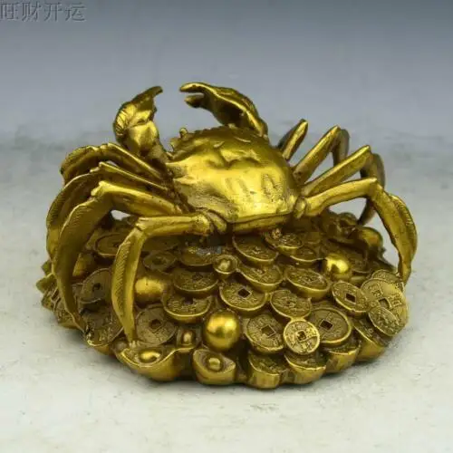 

Antique china brass hand made fengshui lucky Crab coin ingot statue