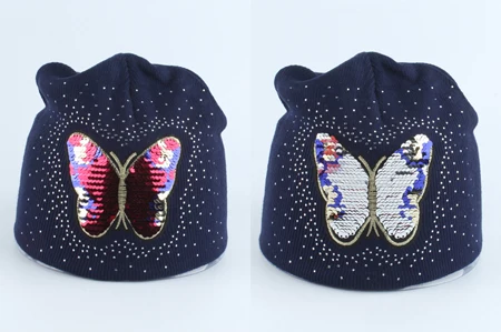 butterfly navy Зимняя шапка для маленьких девочек, зимняя шапка с рисунком медведя, забавная шапка с пайетками, двухслойная теплая вязаная шапка со стразами, шапочки - Цвет: butterfly navy