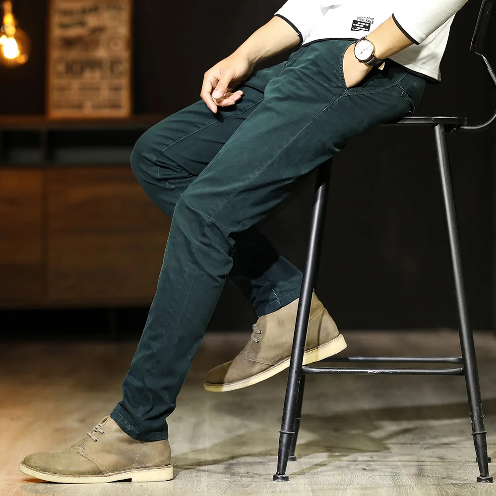 

Loldeal Men Long Pants Solid Color Retro Washed Slim Fit Stretch Cotton Blended Soft