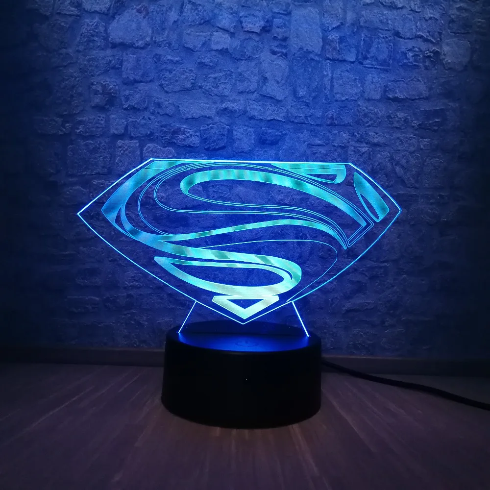 3D светодиодный DC Супермен логотип лампочки с символами, моделирующая лампа, 7 цветов, изменение иллюзии, настольный ночник, декор для комнаты, Детские вентиляторы, подарок, детская игрушка