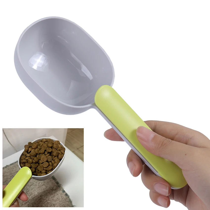 

1PC Multifunctional Dog Food Spoon Pet Feeding Spoon With Sealed Bag Clip Creative Measuring Cup Curved Design Easy To Clean