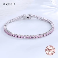 real solid 925 silver metal 15 21 cm tennis bracelet pave full 3 mm round pink zircon sweet fine jewelry for women