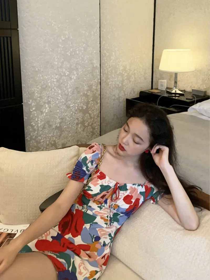 

Retro Floral Dress Summer High Waist Thin Temperament Sleeve Skirt Women All-Matched and Comfortable BMF88