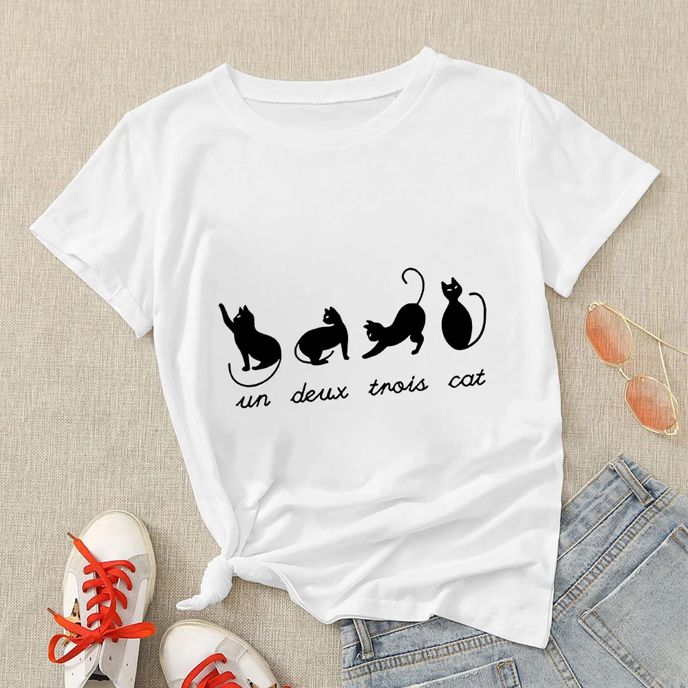 

European Style Simple Women's Short Sleeve T-shirt Funny Cat Printed France Vogue Tops High Quality Hot Sale Summer Clothing