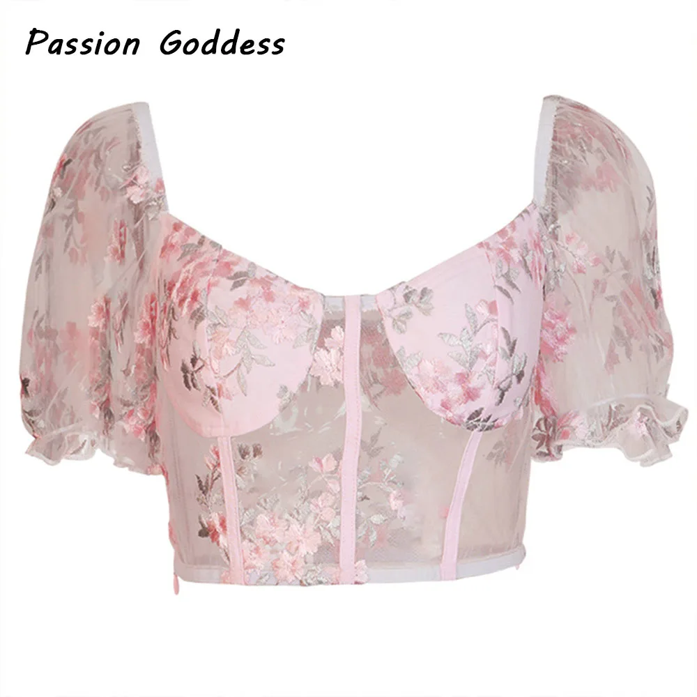 Женская Сетчатая футболка с цветочной вышивкой Розовая прозрачная короткая