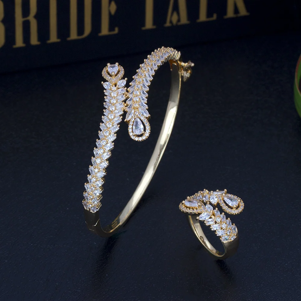 

Women's Gold Color Copper Bangle Micro Paved Baguette Zircon Adjustable Bangle Ring Sets Wedding Engagement Party